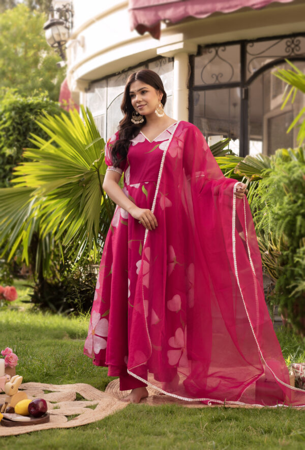 Pink Floral Hand-Painted Anarkali Set.