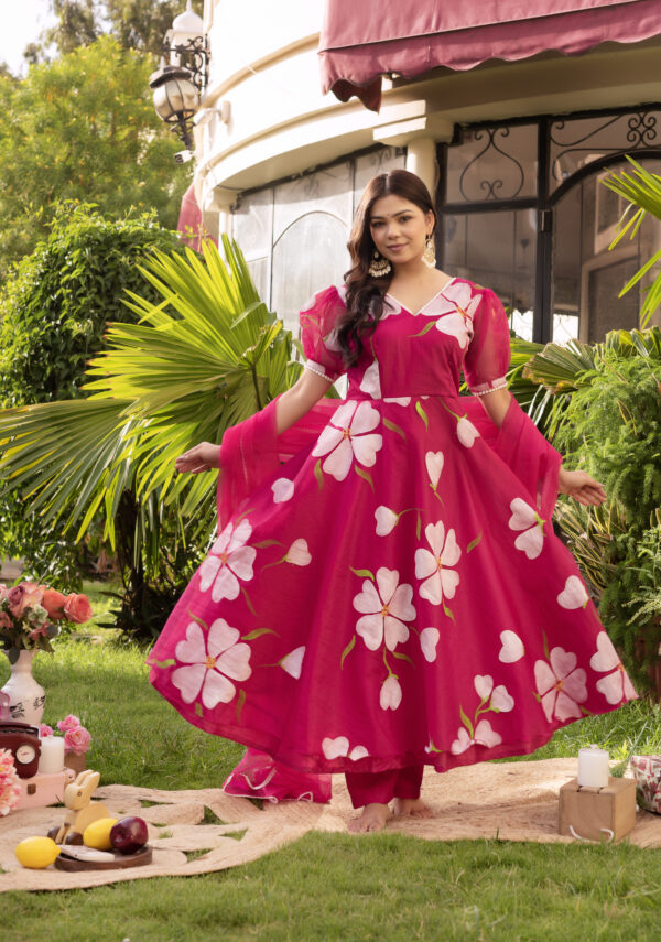 Pink Floral Hand-Painted Anarkali Set. - Image 4