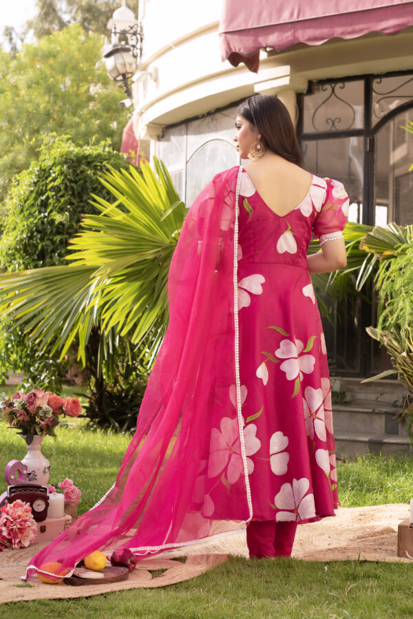 Pink Floral Hand-Painted Anarkali Set. - Image 8