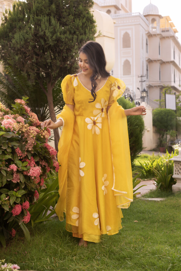 Mustard Yellow Hand Painted Anarkali Set - Image 7