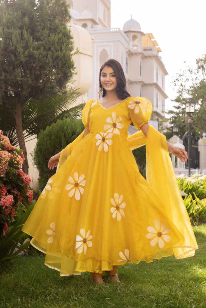Mustard Yellow Hand Painted Anarkali Set