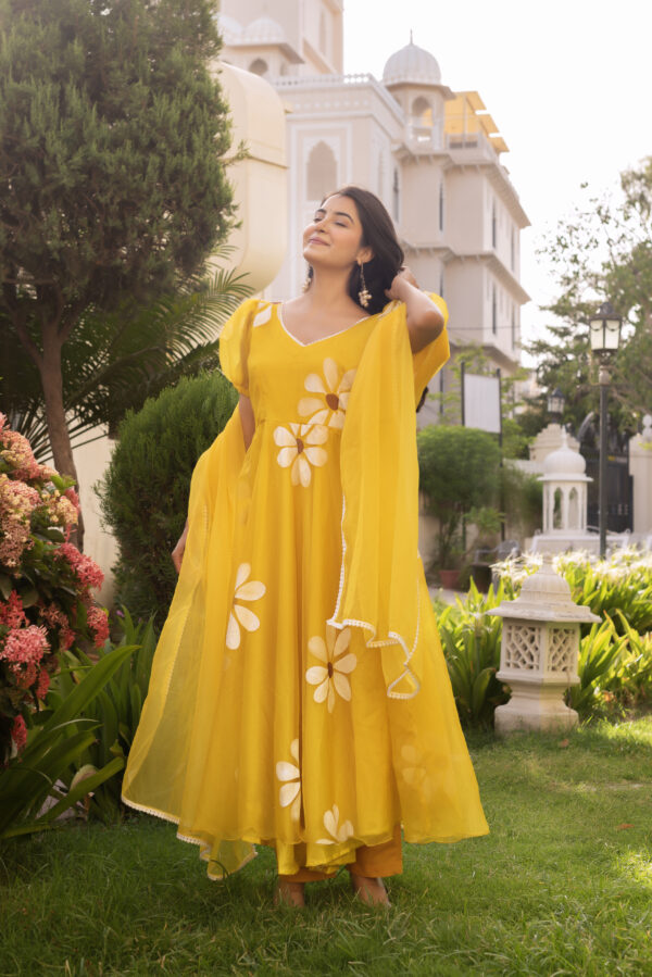 Mustard Yellow Hand Painted Anarkali Set - Image 8
