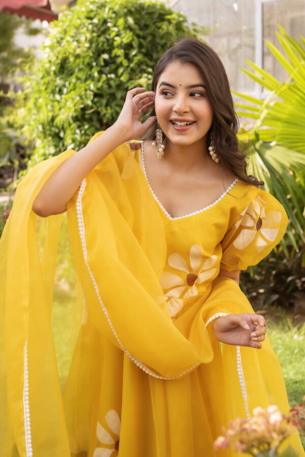 Mustard Yellow Hand Painted Anarkali Set - Image 3