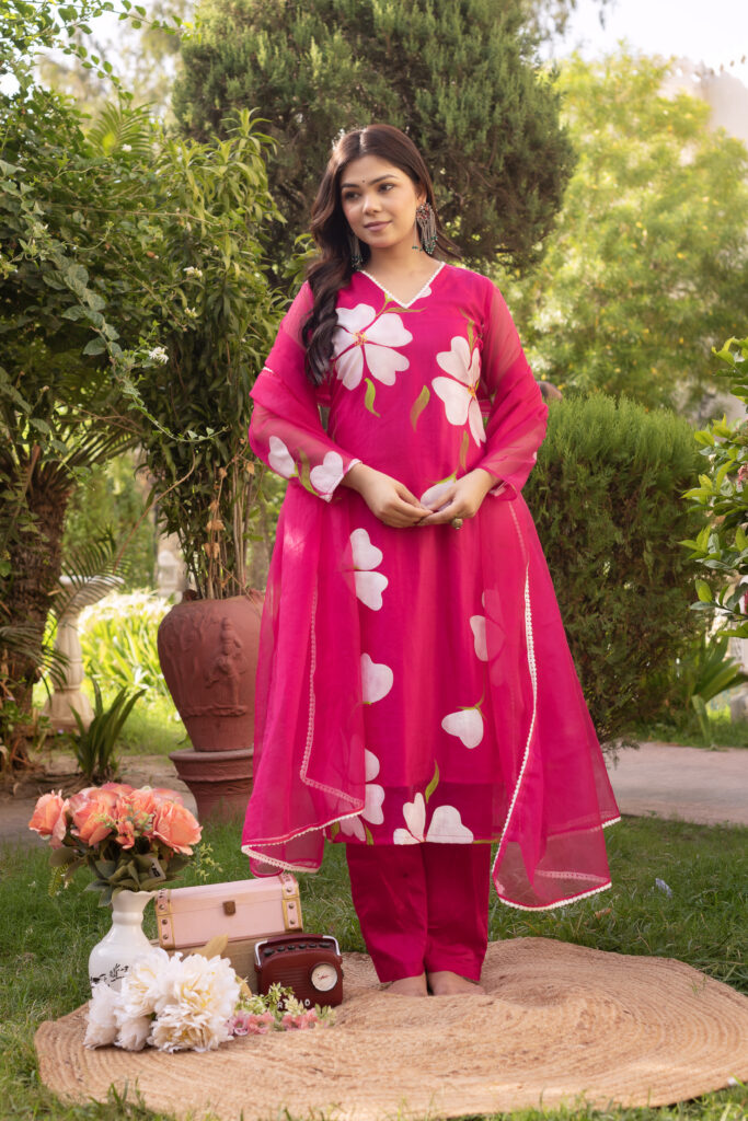 Pink Floral Straight Kurta Set.