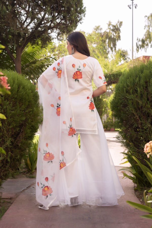 White Floral Hand Painted short kurta with Plazo Set - Image 8