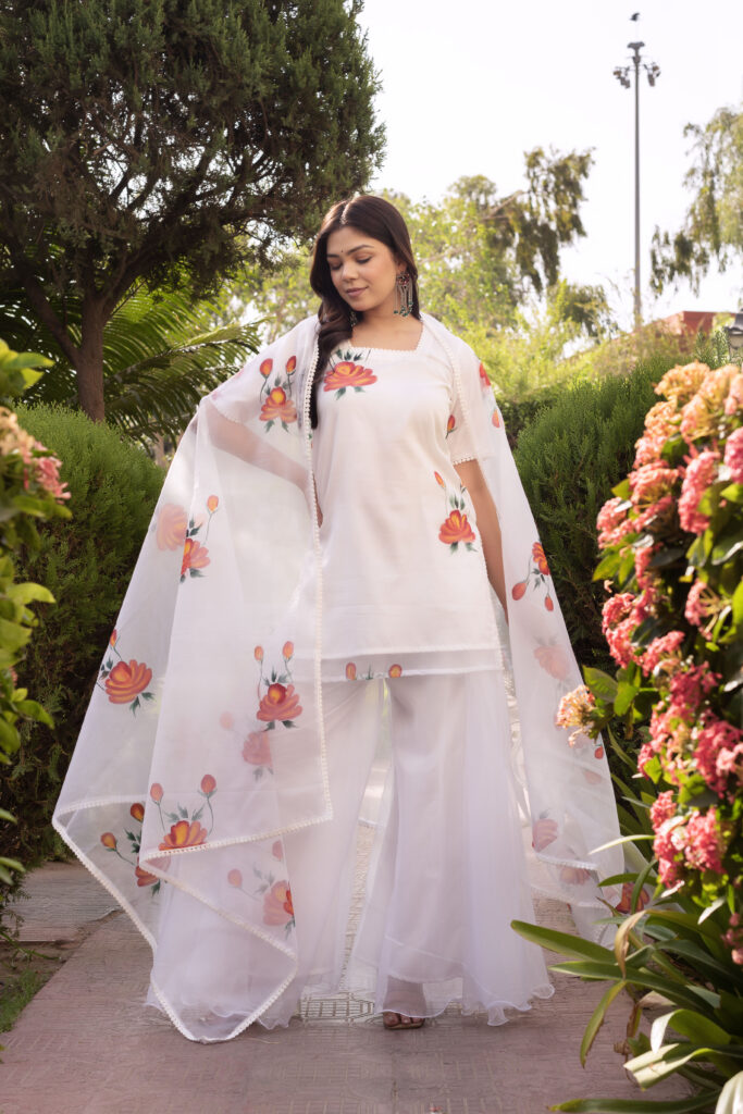 White Floral Hand Painted short kurta with Plazo Set