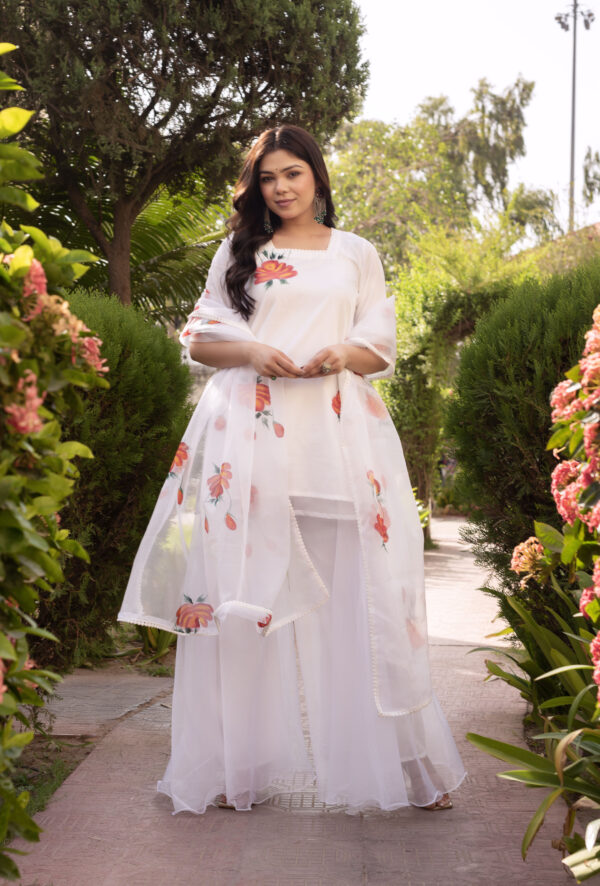 White Floral Hand Painted short kurta with Plazo Set - Image 3