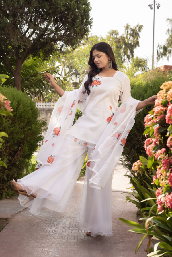 White Floral Hand Painted short kurta with Plazo Set - Image 2
