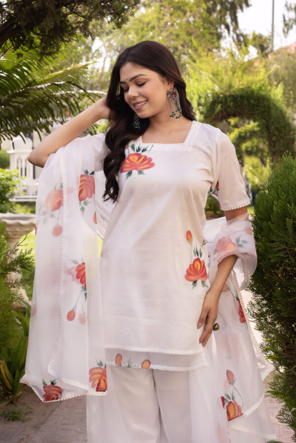 White Floral Hand Painted short kurta with Plazo Set - Image 5