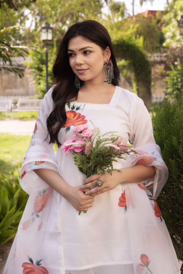 White Floral Hand Painted short kurta with Plazo Set - Image 4