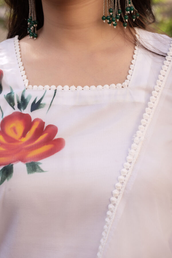 White Floral Hand Painted short kurta with Plazo Set - Image 6