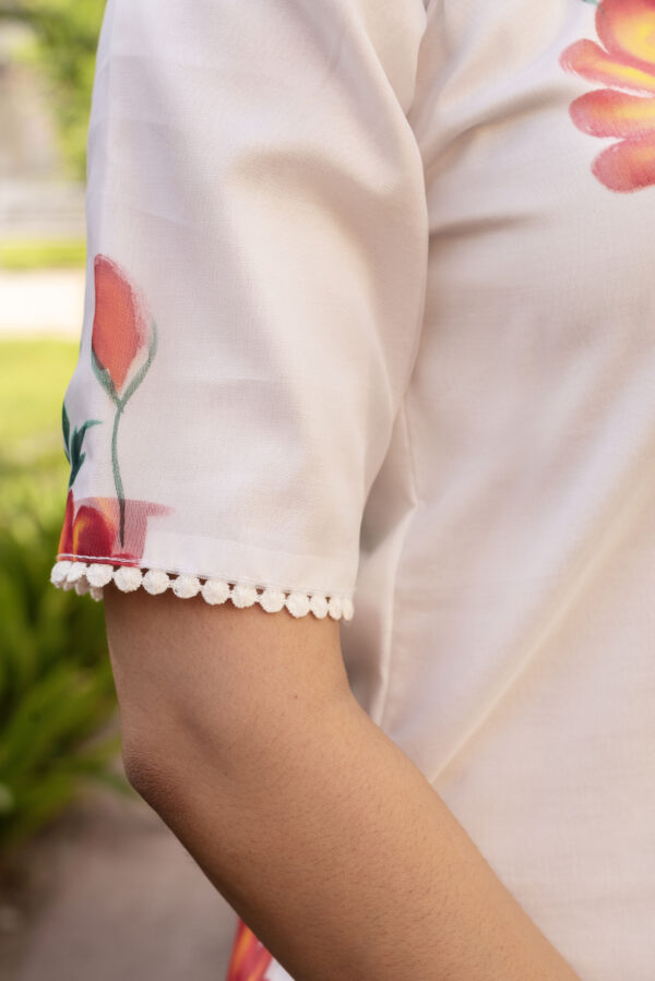 White Floral Hand Painted short kurta with Plazo Set - Image 7