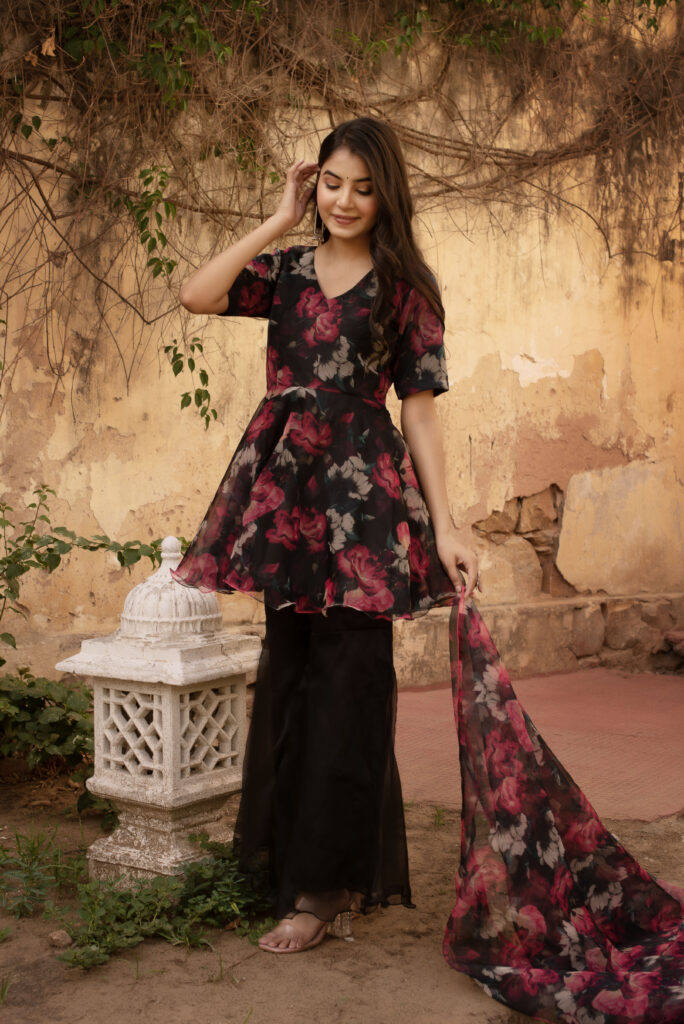 Red & Black Floral Printed Organza Peplem Top With Sharara Set