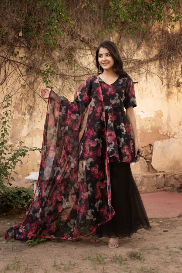 Red & Black Floral Printed Organza Peplem Top With Sharara Set - Image 2