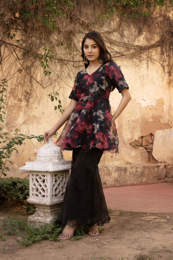 Red & Black Floral Printed Organza Peplem Top With Sharara Set - Image 3