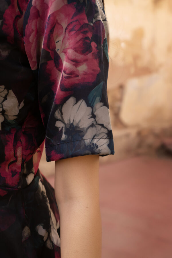 Red & Black Floral Printed Organza Peplem Top With Sharara Set - Image 6