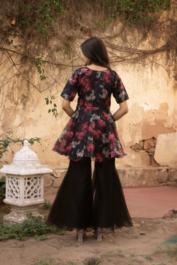 Red & Black Floral Printed Organza Peplem Top With Sharara Set - Image 7