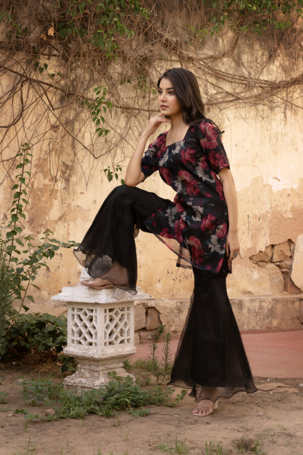 Red & Black Floral Printed Short Kurta With Sharara Set - Image 2