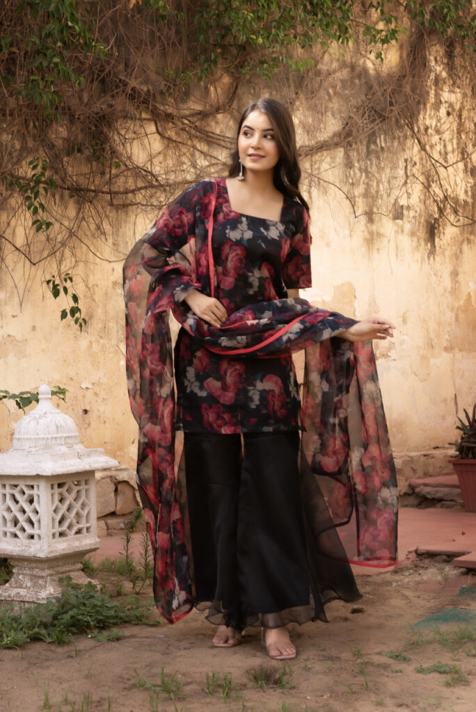 Red & Black Floral Printed Short Kurta With Sharara Set