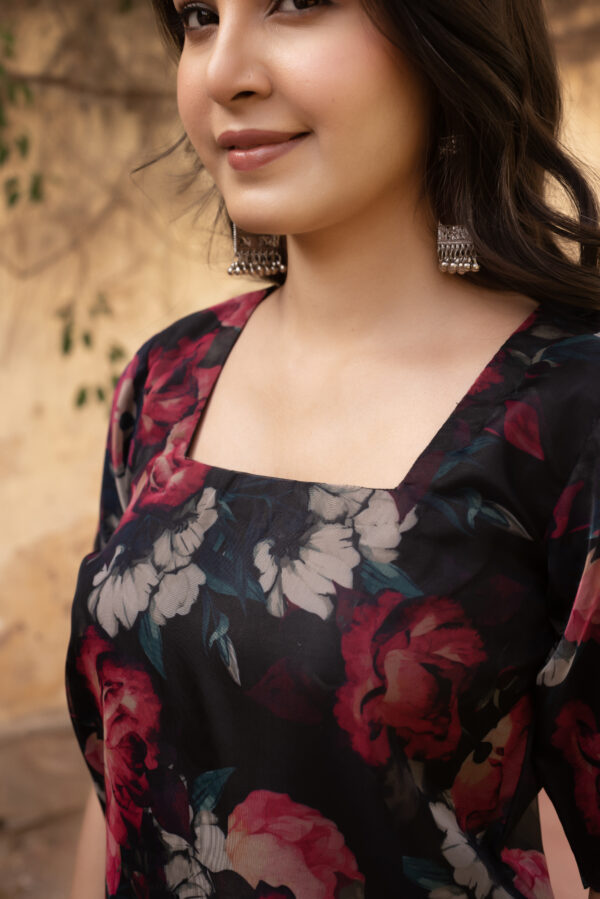 Red & Black Floral Printed Short Kurta With Sharara Set - Image 6
