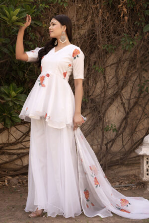 White Floral Hand Painted Peplem Top & Plazo Set
