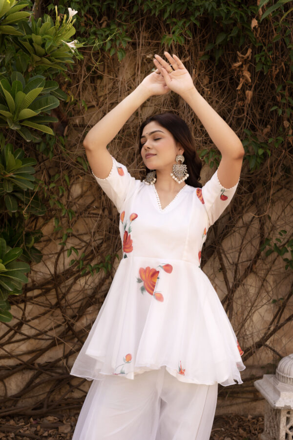 White Floral Hand Painted Peplem Top & Plazo Set - Image 4
