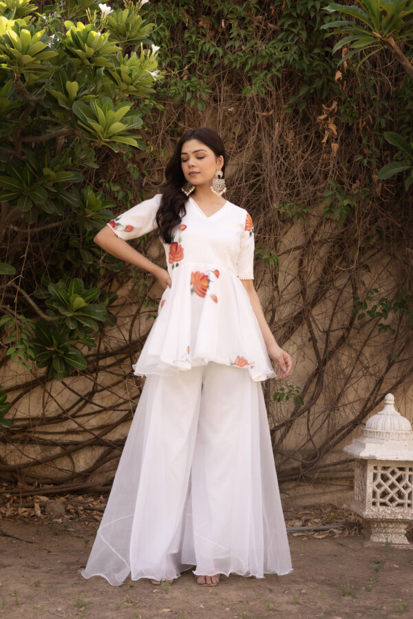 White Floral Hand Painted Peplem Top & Plazo Set - Image 2