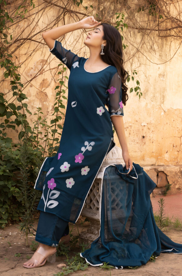 Teal Blue Straight Kurta Set - Image 3