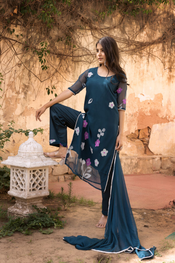 Teal Blue Straight Kurta Set - Image 4