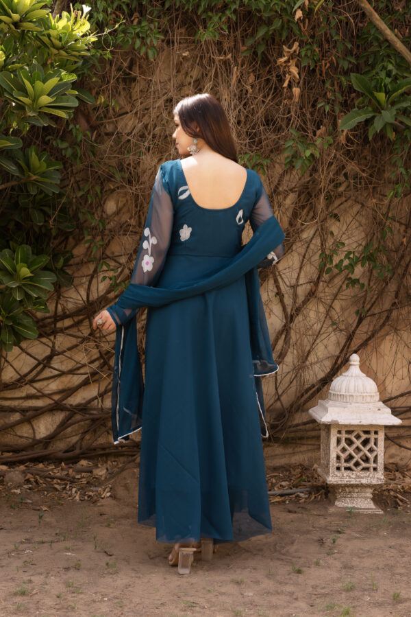 Teal Blue Hand Painted Anarkali Set - Image 6