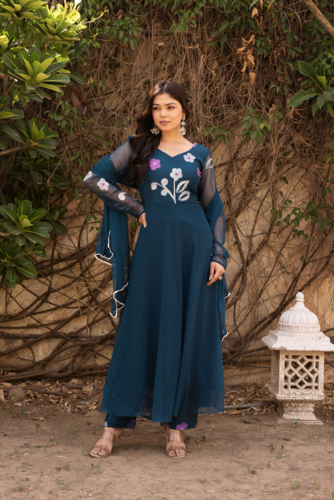 Teal Blue Hand Painted Anarkali Set