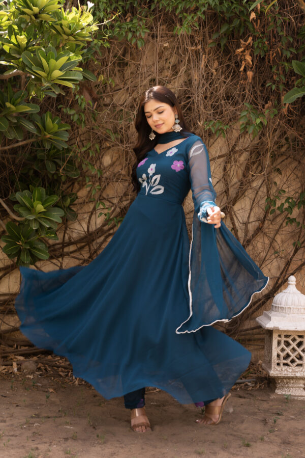 Teal Blue Hand Painted Anarkali Set - Image 2
