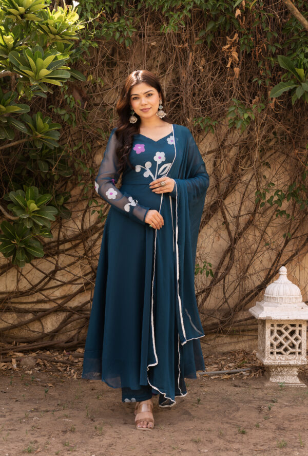 Teal Blue Hand Painted Anarkali Set - Image 3
