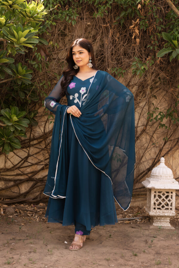 Teal Blue Hand Painted Anarkali Set - Image 4