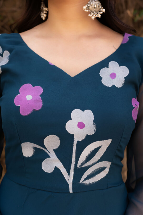 Teal Blue Hand Painted Anarkali Set - Image 5