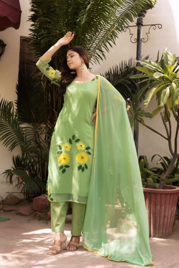 Pista Green Hand Painted Floral Straight Kurta Set - Image 3