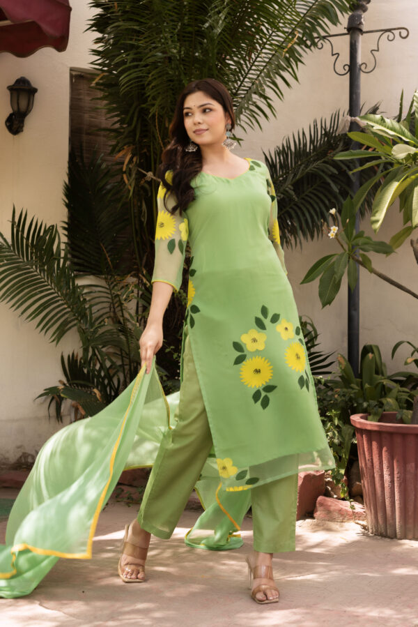 Pista Green Hand Painted Floral Straight Kurta Set - Image 2