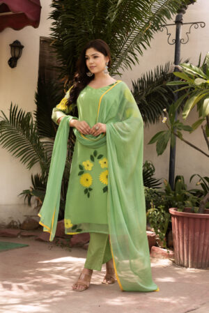 Pista Green Hand Painted Floral Straight Kurta Set