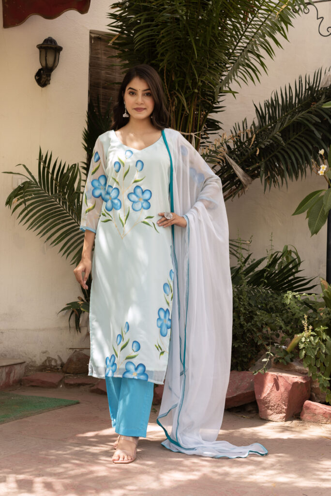 Blue Floral Bloom Hand Painted Straight kurta Set