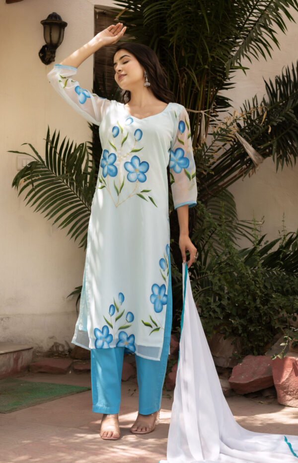Blue Floral Bloom Hand Painted Straight kurta Set - Image 2