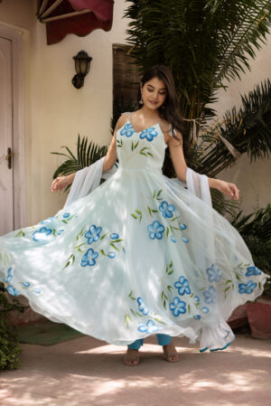 Blue Floral Bloom Hand Painted Anarkali Set