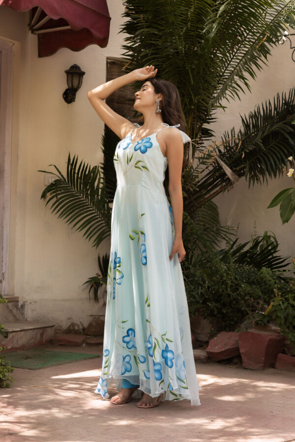 Blue Floral Bloom Hand Painted Anarkali Set - Image 2