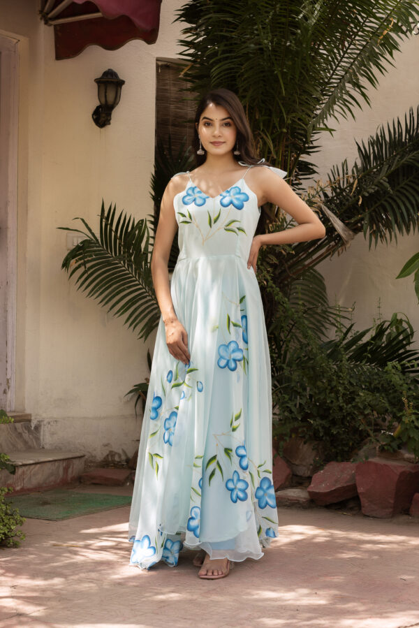 Blue Floral Bloom Hand Painted Anarkali Set - Image 4