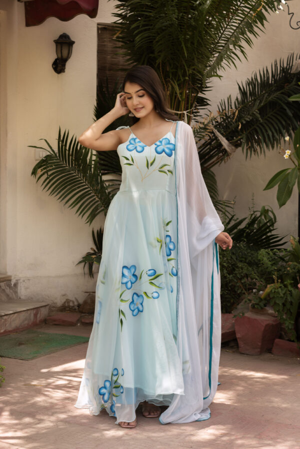 Blue Floral Bloom Hand Painted Anarkali Set - Image 5
