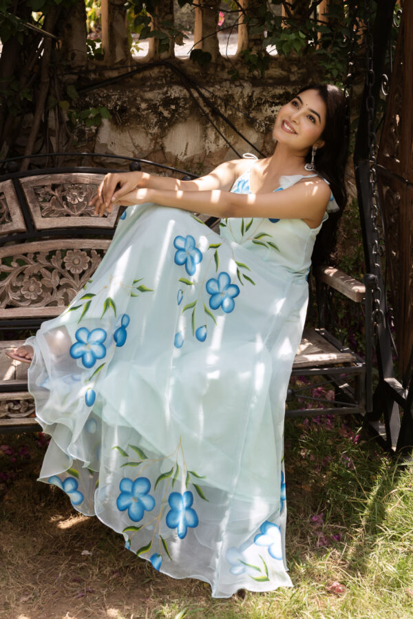 Blue Floral Bloom Hand Painted Anarkali Set - Image 7