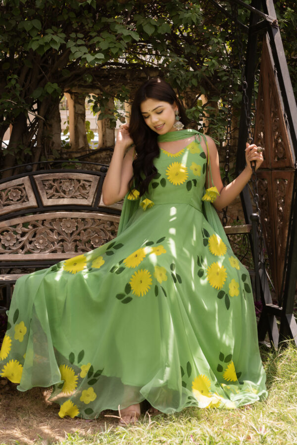 Pista Green Hand Painted Floral Anarkali Set - Image 5