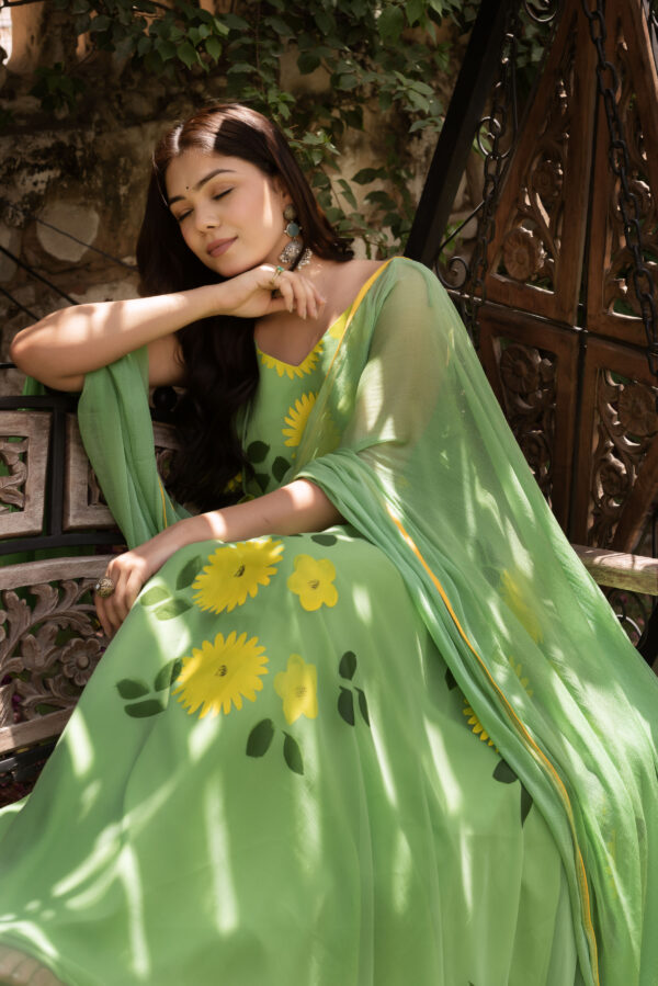 Pista Green Hand Painted Floral Anarkali Set - Image 4