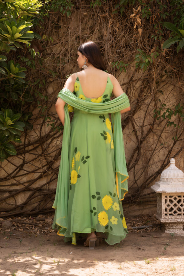 Pista Green Hand Painted Floral Anarkali Set - Image 7