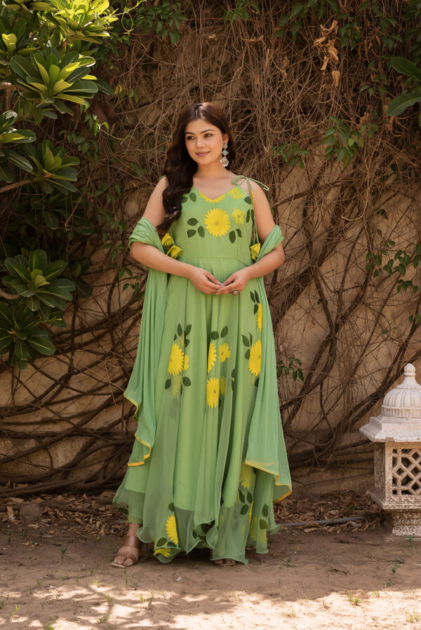Pista Green Hand Painted Floral Anarkali Set