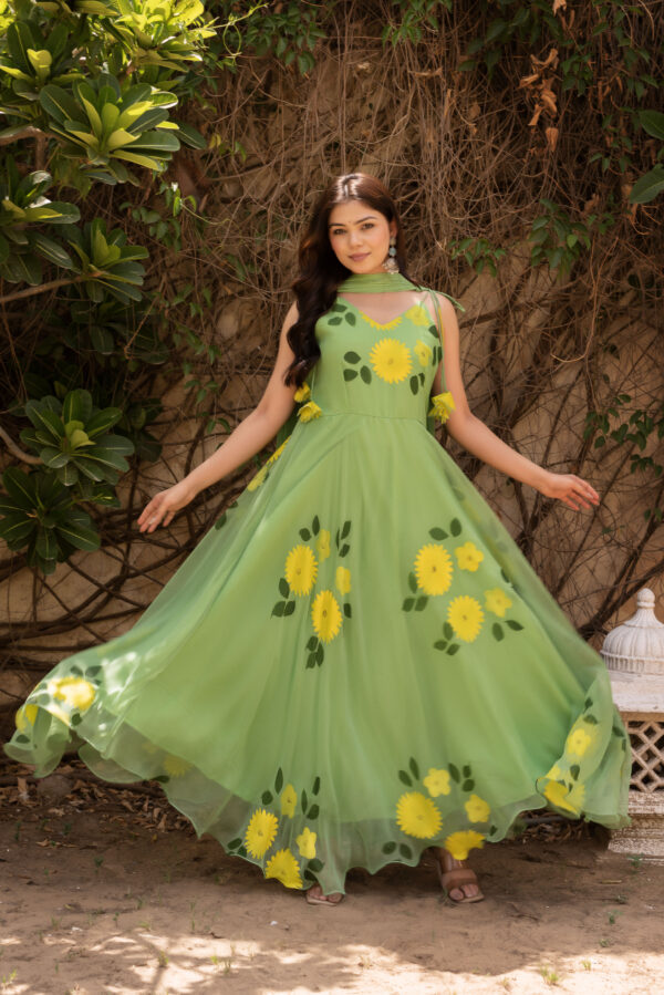 Pista Green Hand Painted Floral Anarkali Set - Image 2